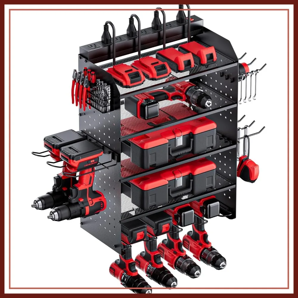 

5-Layer Power Tool Charging Station with 8 Outlets, 6 Drill Holders, Side Pegboards, and Bit Rack for Garage