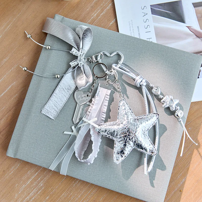 

Sweet Cool Silver Sparkling Sequined Five-pointed Star Bag Pendant Ins Wind School Bag Decoration Hanging Chain