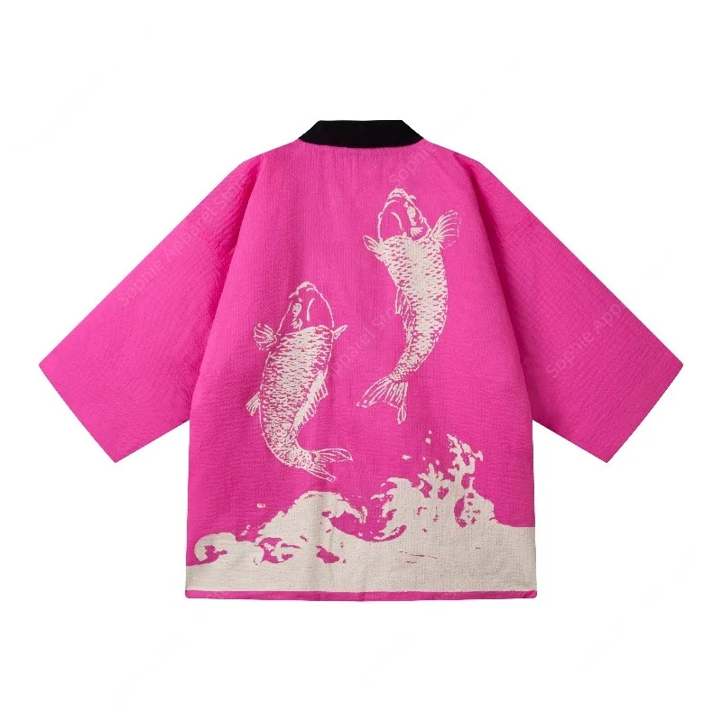 

Winter Hanten Jacket Women Japanese Kimono Style Padded Cotton Coat Lightweight Pink Koi Fish Print Coat Warm Cardigan Outerwear