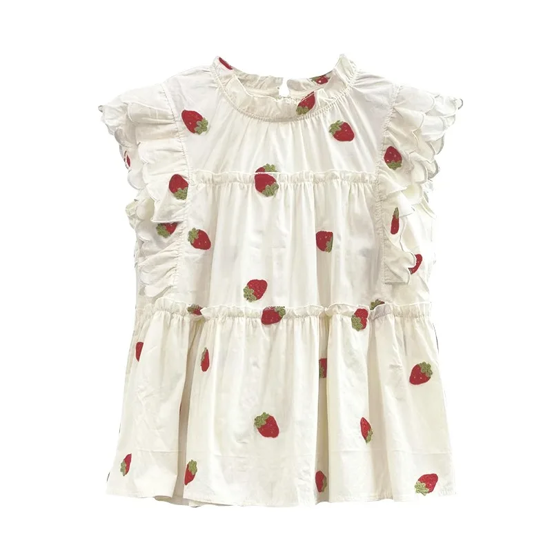 

Korean Sweet Lolita Girls Chic Ruffles Sleeveless Blouses Strawberry Print Loose Large Size Shirts Summer Women Shirts Students