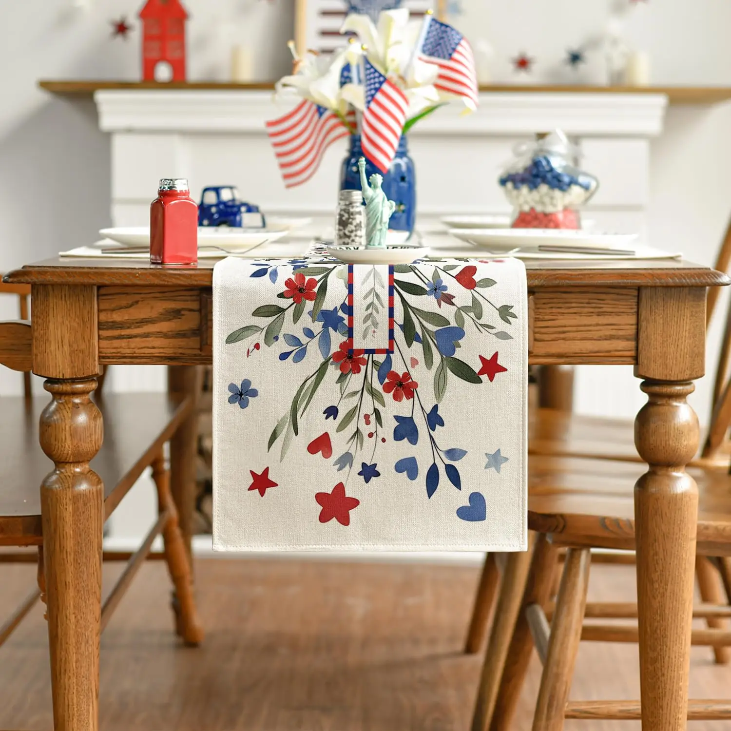 Eucalyptus Floral Stars 4th of July Table Runner, Memorial Day Kitchen Dining Table Decoration for Home Party Decor