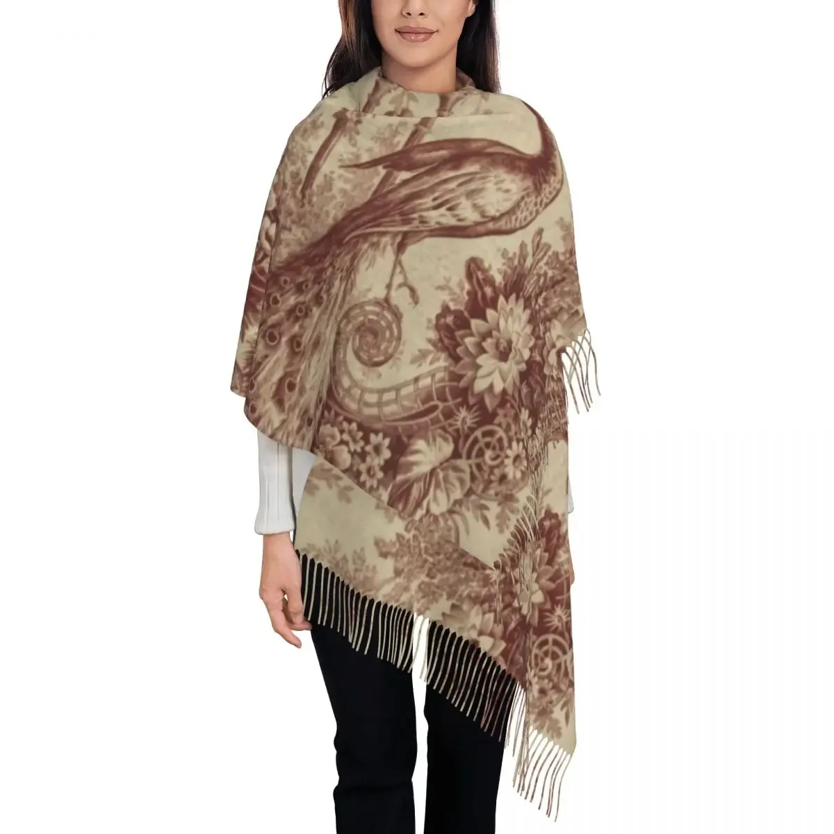 Antique Peacock French Toile Texture Tassel Scarf Women Soft Shawl Wrap Ladies Winter Fall Scarves