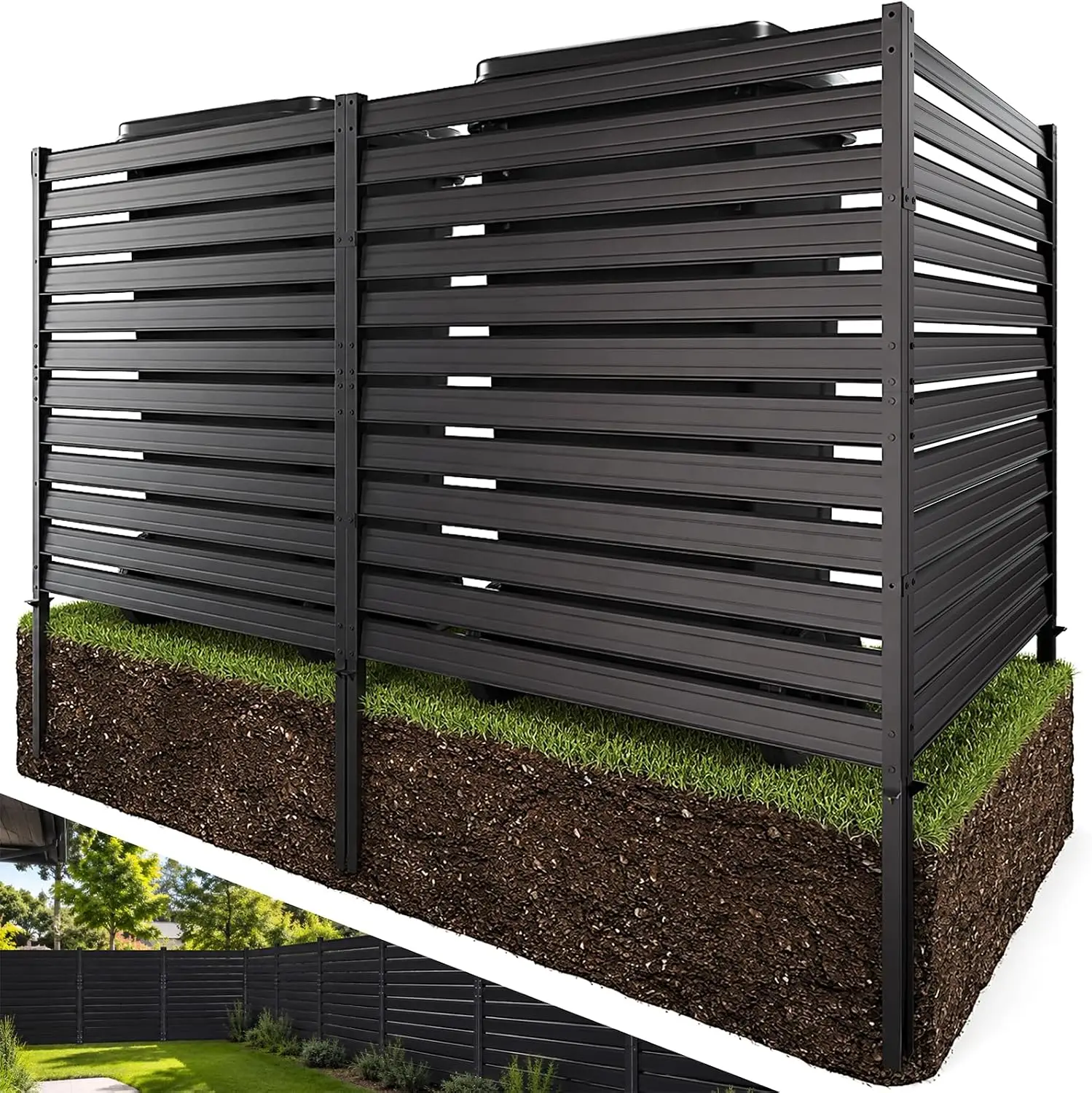 Outdoor Privacy Screen Fence Panels, Metal Air Conditioner Enclosure, Louvered HVAC Trash Can Shield For Backyard Patio Garden, Weatherproof Freestanding Divider, Modern Style, Black, 3 Pack