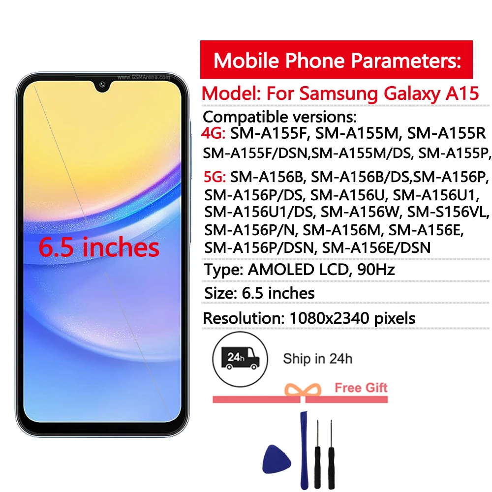 AMOLED A15 LCD do Samsung Galaxy A15 4G/5G Wyświetlacz LCD Ekran dotykowy Digitizer Zamiennik do Samsung A155F A156B LCD