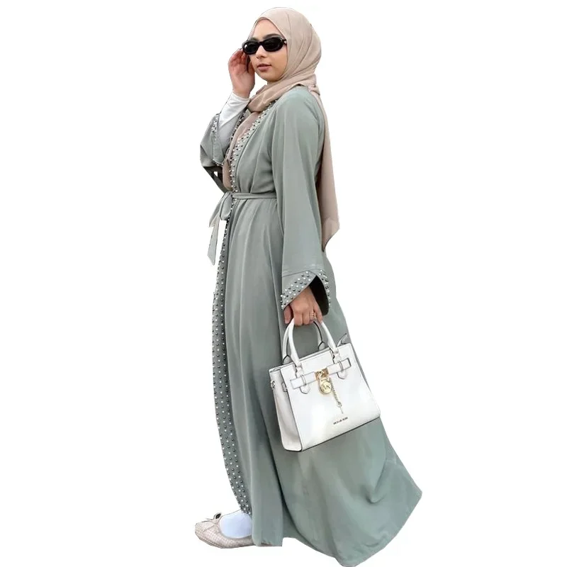Middle East Fashion Elegance Arabian Women's Clothing Turkey Net Color Bubble Bead Muslim Lace-Up Cardigan Robe Abaya