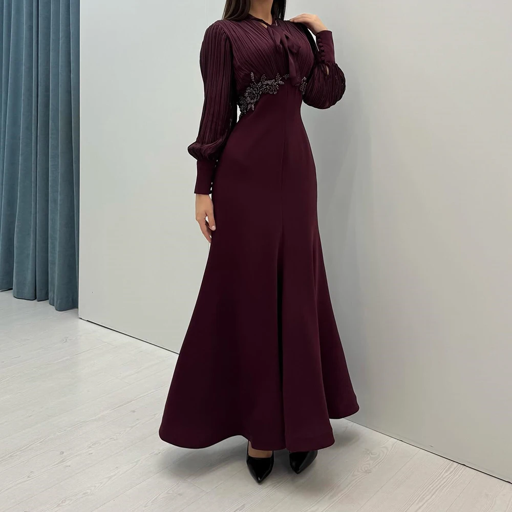 

Customized A-line Evening Dresses Ankle-length V-neck Full Sleeve Prom Gown Fashion Flowers Beading Simple Draped Party Gown