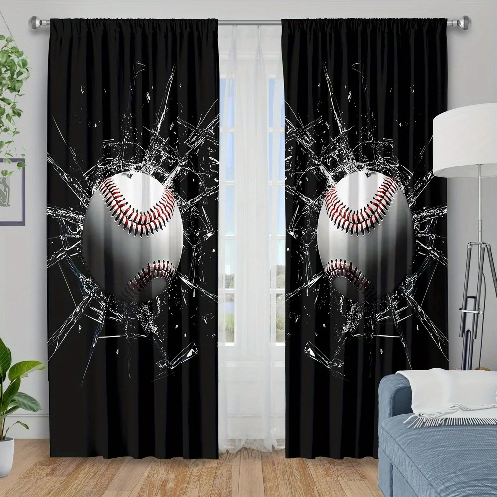 3D Baseball Curtain, Cracked Glass Effect Print Drape, Sports Theme Window Treatment for Boys Room Game Room Decor