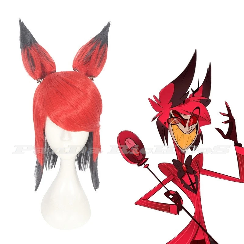 Anime Hazbin Cosplay Hotel Alastor Pruik Met Oor Cosplay Pruiken Mannen Vrouwen Hallowen Cosplay Pruiken Rode Zwarte Pruik