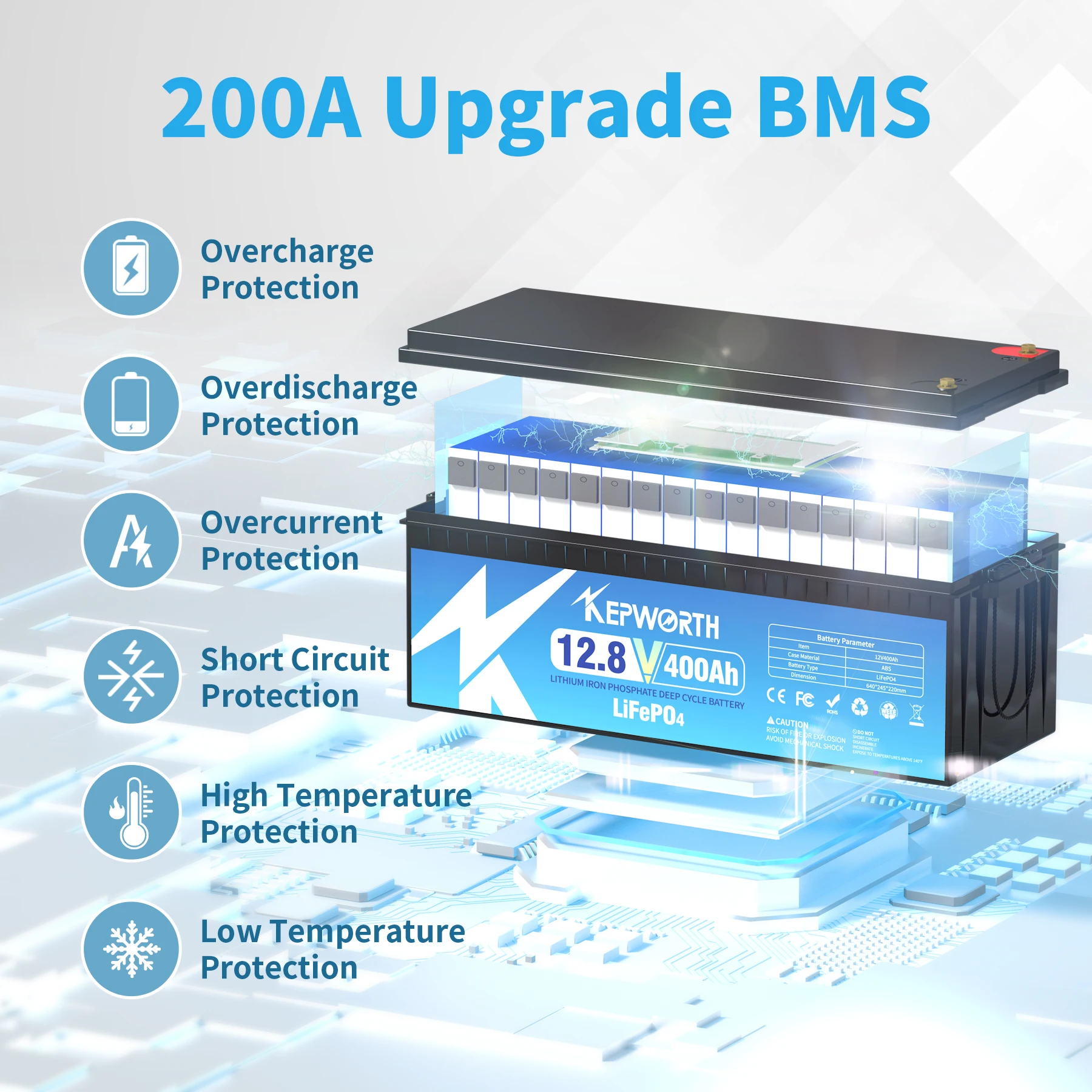 Batteria LiFePO4 da 12 V 400 Ah con BMS da 200 A, oltre 6000 cicli profondi, celle di grado A, per motori da traina, barche, camper, solari, fuori rete