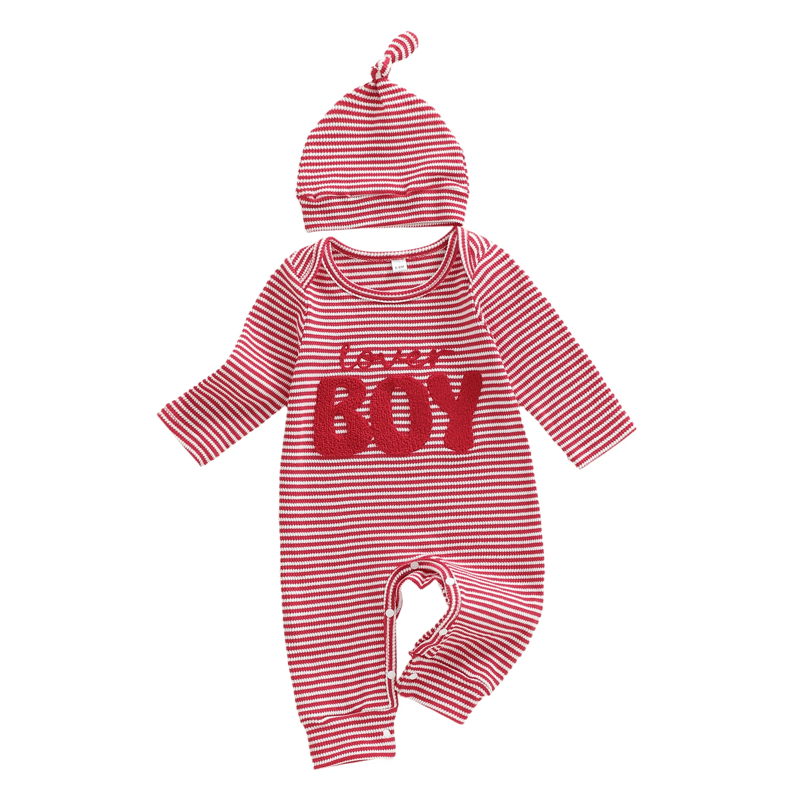 ชุดวันวาเลนไทน์สำหรับเด็กผู้ชายวัยหัดเดิน ชุดรอมเปอร์คอกลมแขนยาวพิมพ์ลายหัวใจสีแดงพร้อมหมวกและถุงเท้าที่เข้าชุดกัน