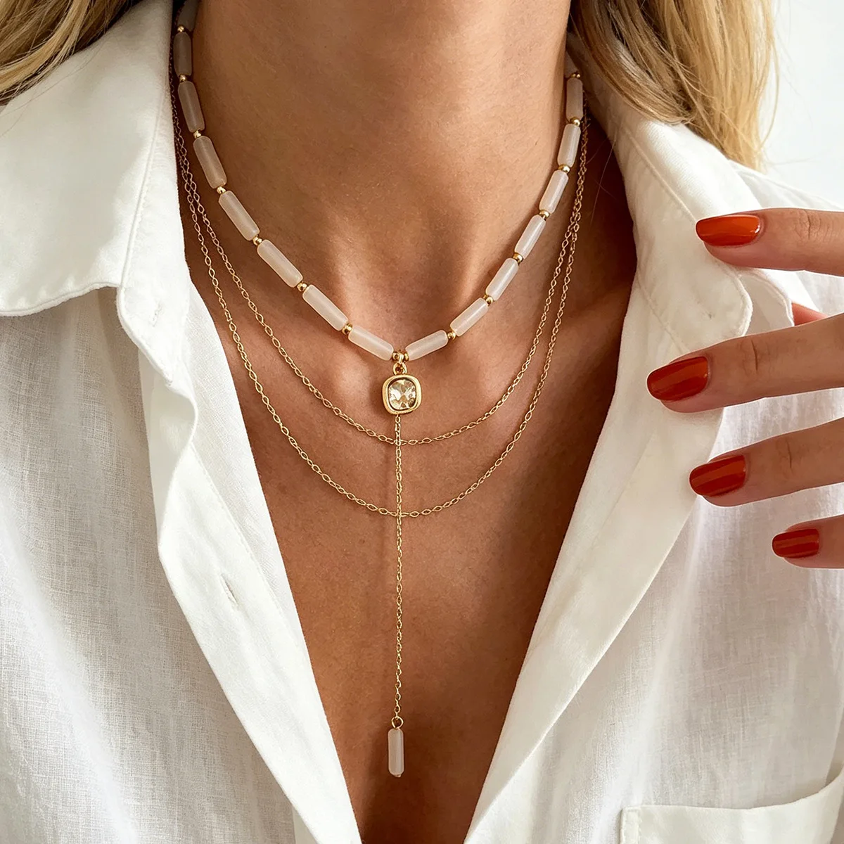 Office Choker Necklace Clear Beaded Layered Heart Tassel Bamboo Shaped Sweet Punk Daily Wear Lightweight Jewelry Women