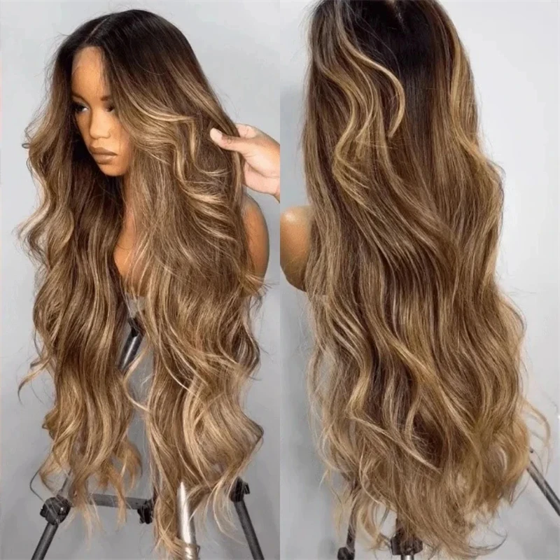 Ombre Dark Honey Blonde/Caramel Mix Synthetic HD Lace Front Wig 30 Inch Long Body Wave Wig Realistic Look Hailine Wigs Party Wig