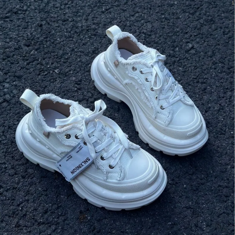 2026 New Women's Shoes Trend Lace Chunky Sneakers for Woman New Korean Version Canvas Casual Shoes Designer Shoes Zapatos Mujer