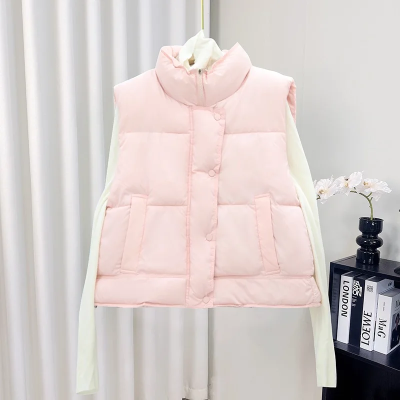 

Fashion Solid Color Stand Collar Women's Cotton Vest Korean Loose Sleeveless Waistcoat Outerwear Simple Versatile Warm Jackets