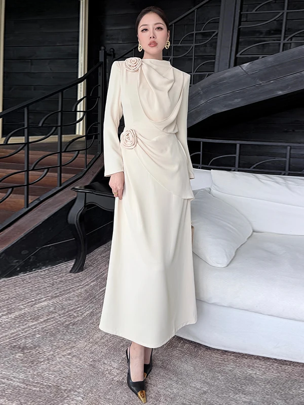 

Slimming Long Sve Women's Dr Ele Ladylike High Waist Gathered Skirt Sle Polyester Blend Fiber Casual Sle