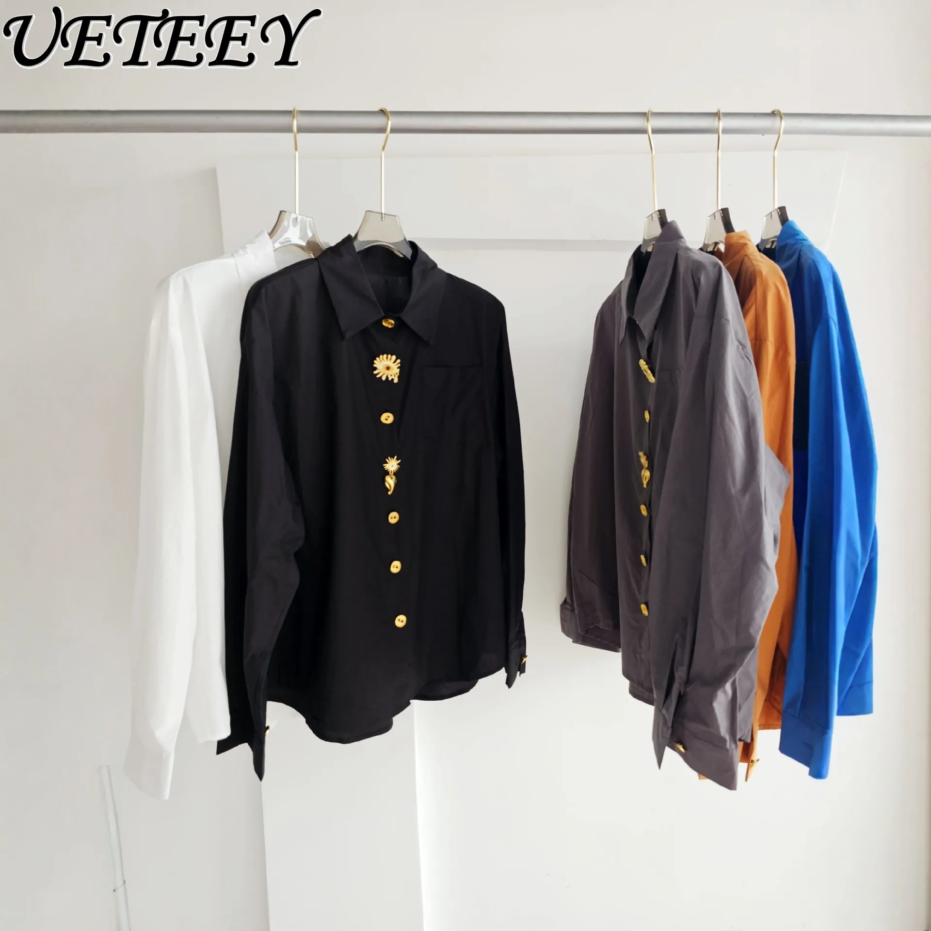 

French-inspired Uniquely Shaped Metal Buckle Embellished Oversized Long-sleeved Shirt Women Summer 2026 Buttons Blouse Camisa