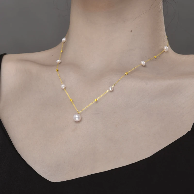 

NYMPH Natural Freshwater Pearl Necklace Pendant True 18K Gold AU750 Women's Exquisite Jewelry Party Gift X523