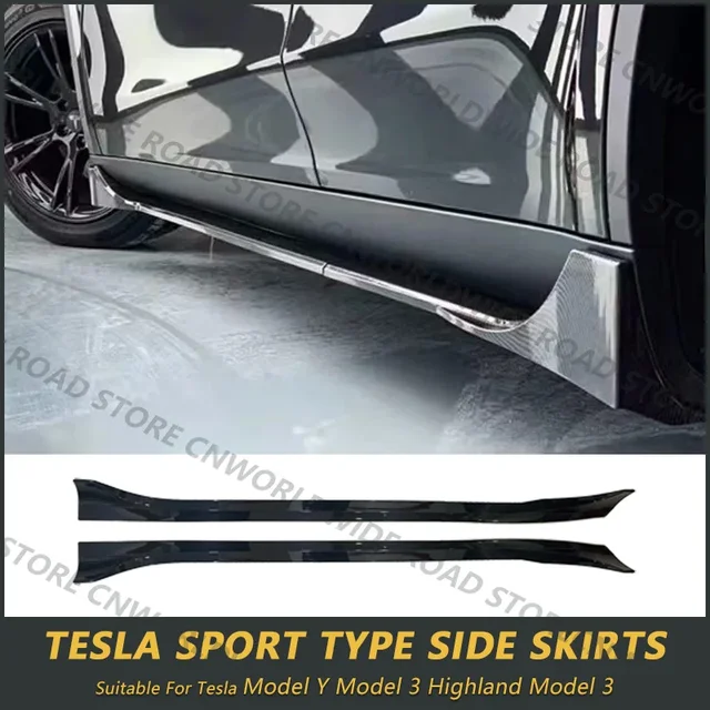 Dla Tesla Model 3 Y Highland 2017-2024 Zestawy bocznych spódnic z włókna węglowego Wzór czarny ABS Szybka regulacja dla akcesoriów Tesla