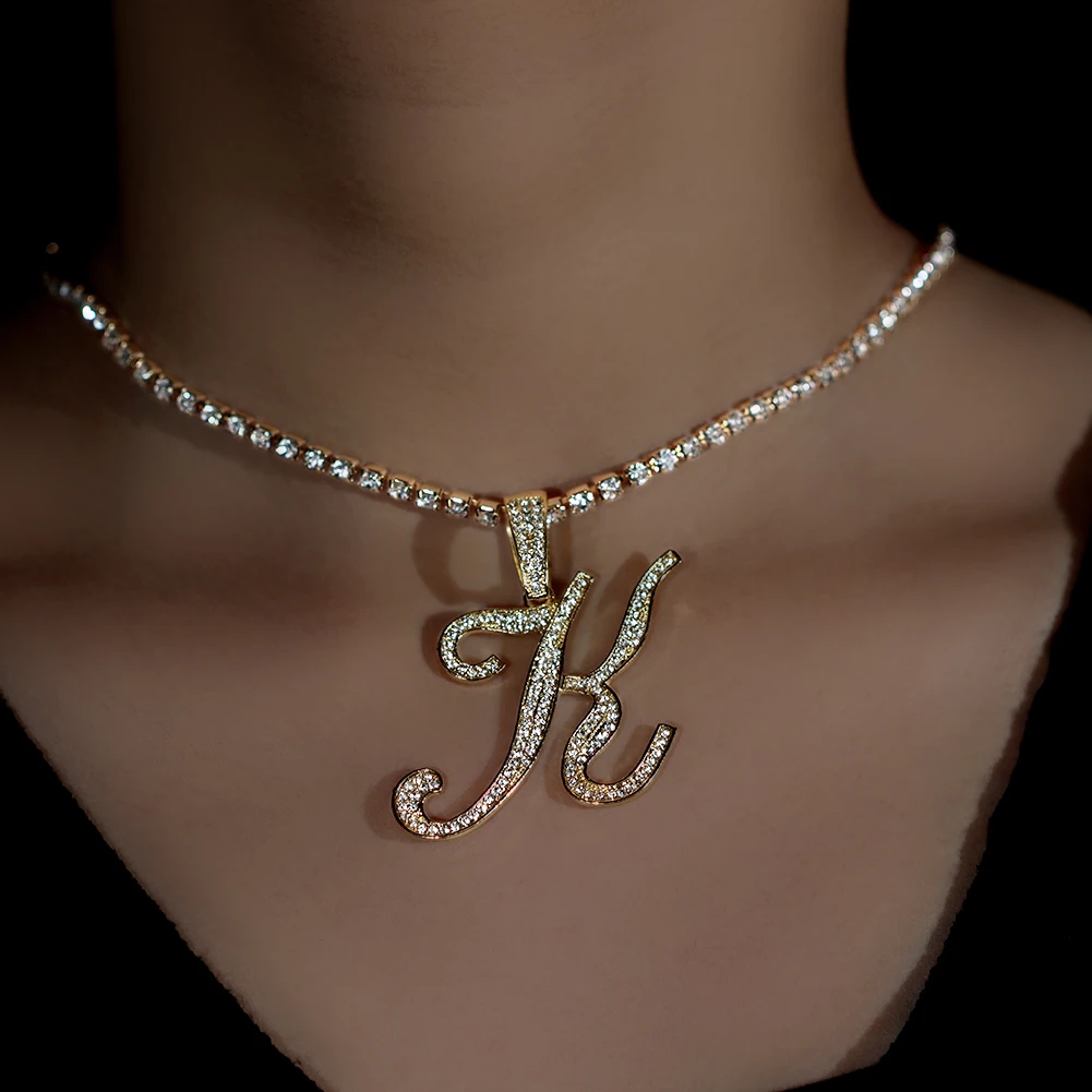 Flatfoosie Iced Out A-Z Cursive Letter Kristall Kette Halskette für Frauen Bling Strass Initial Choker Halskette Hip Hop Schmuck – Detail 9