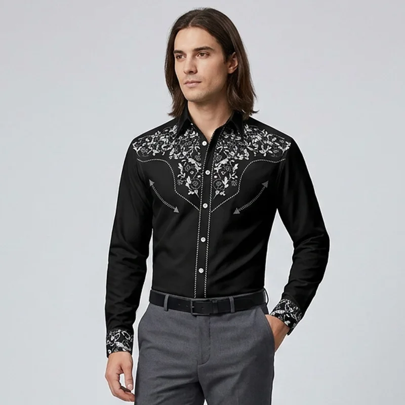 2027 New Cross-border Men Long Sleeve Shirt  Western Cowboy Outdoor Casual Digital Print Lapel Button Down Shirts