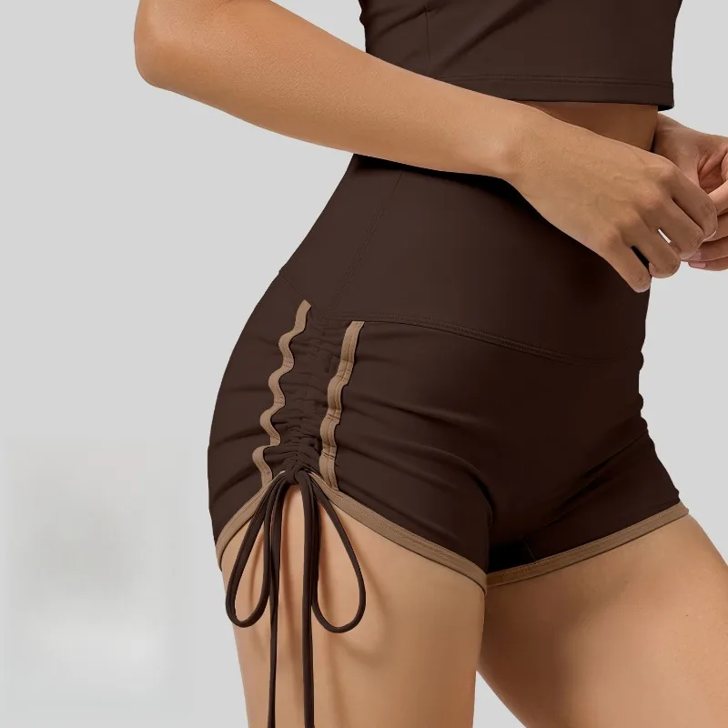 Women High Waisted Contrasting Colors Drawstring Sports Shorts Quick Drying Yog… - Image 2