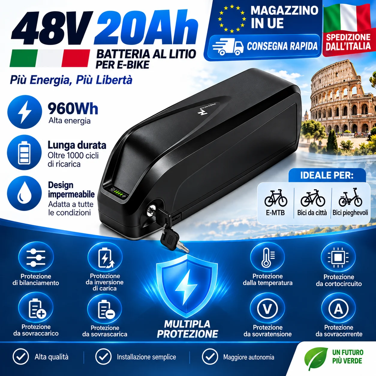 Batteria per E-Bike 48V 20Ah 960Wh 30A BMS Batteria Li-ion Impermeabile da Tubo Inferiore con Caricabatterie per Bicicletta Elettrica Bafang BBS02 BBSHD 500W-1000W Disponibile in Magazzino UE