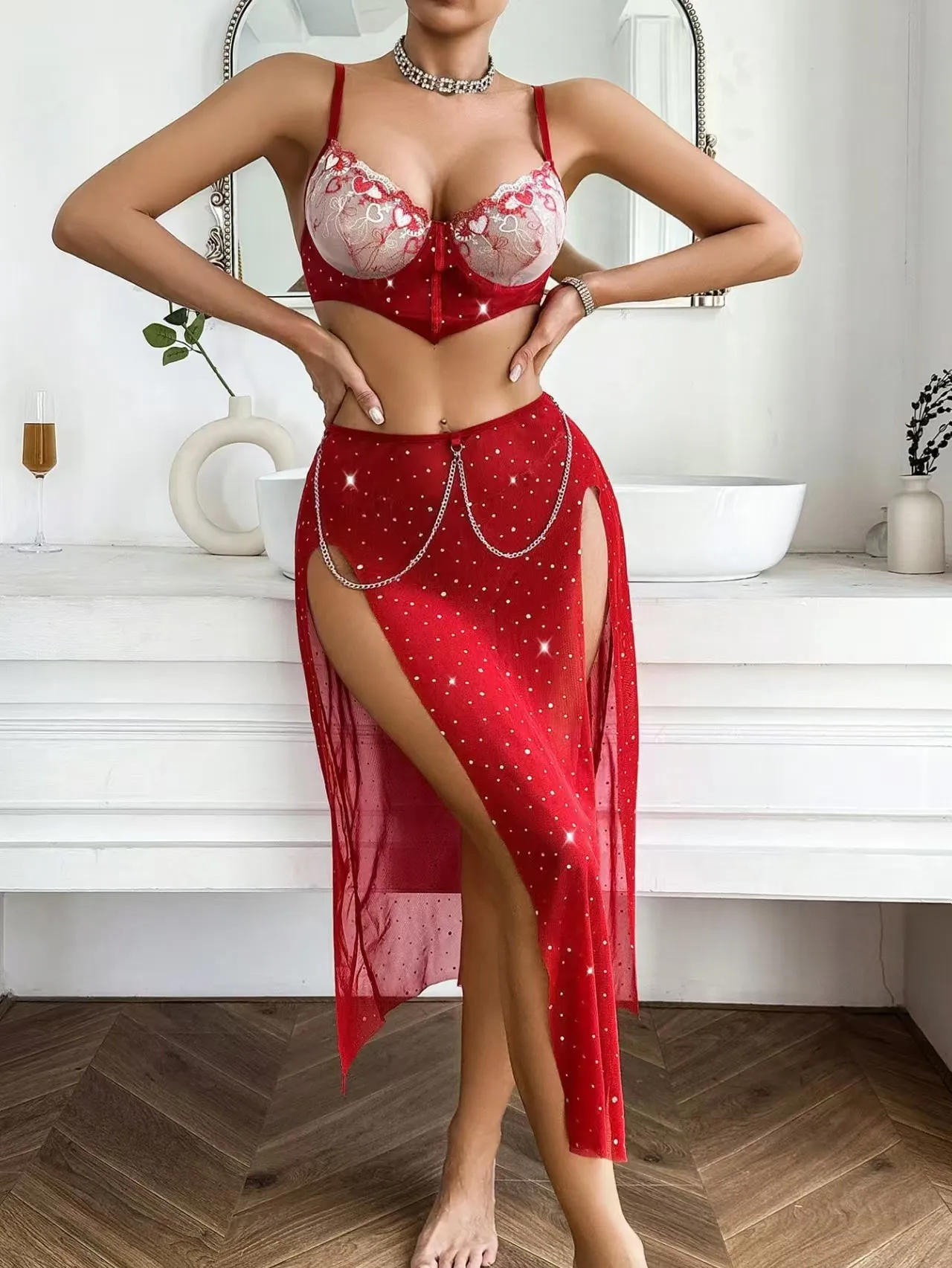 

Seductive Lingerie Red Three-piece Sexy Embroidered Bra And Panties Set for Women Sexy Lingerie Underwear Matching Outfit
