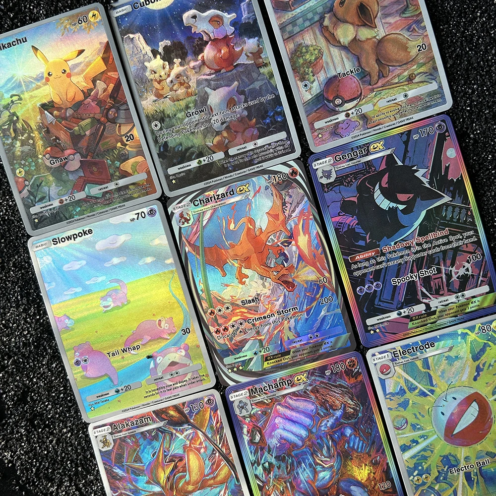 

9PCS Diy Anime PTCG Pocket Self-Control Collection Card Charizard Gengar Pichu Cosmog Embossed Texture Flash Card Birthday Gifts
