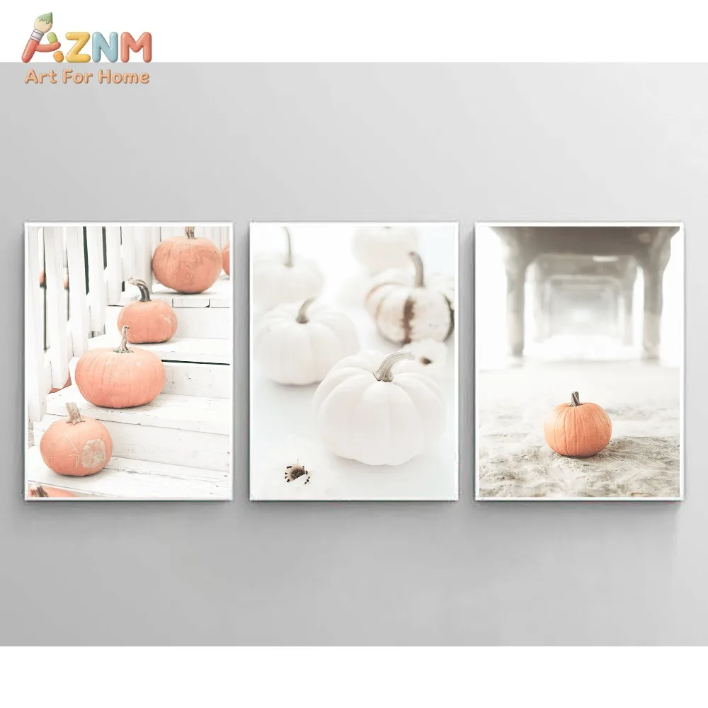 AZNM 3Pcs Neutral Orange White Pumpkin Canvas Wall Art, Soft Tone Fall Farmhouse Print Frameless Canvas Painting, Autumn