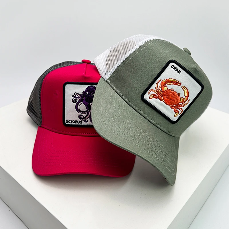 Neue Männer Frauen Farbe Block Stickerei Cartoon Meerestiere Baseball Hüte Persönliche Atmungsaktive Trucker Cap Mesh Hip Hop Vielseitig