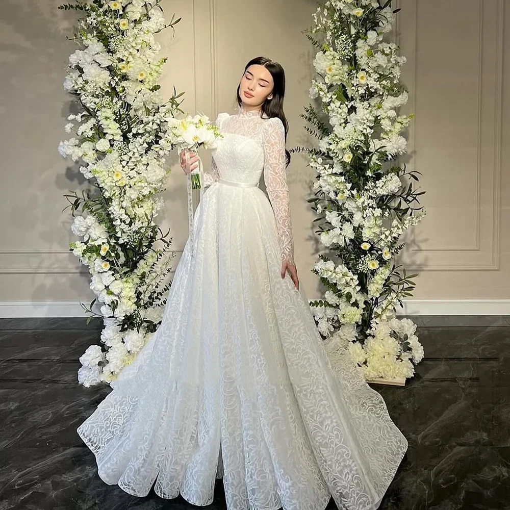 플라빈케 맞춤 우아한 하이넥 화이트 레이스 A라인 웨딩드레스 2025 긴팔 드레이핑 이브닝 파티 프롬 가운