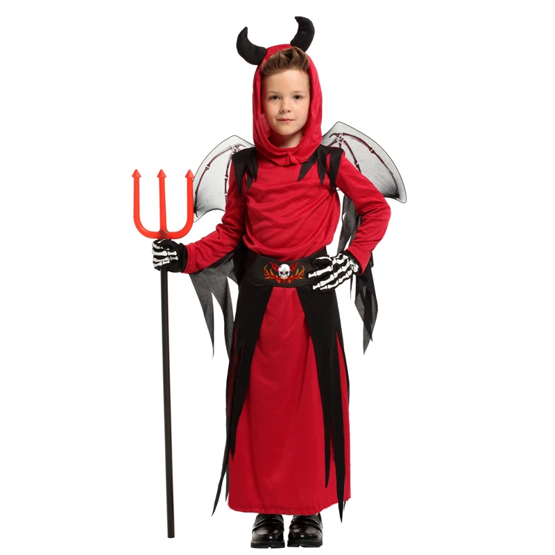 Disfraz de diablo de cuerno rojo aterrador para niños, disfraz de demonio para niños y niñas, Cosplay de Halloween, vestido de fantasía, Bata