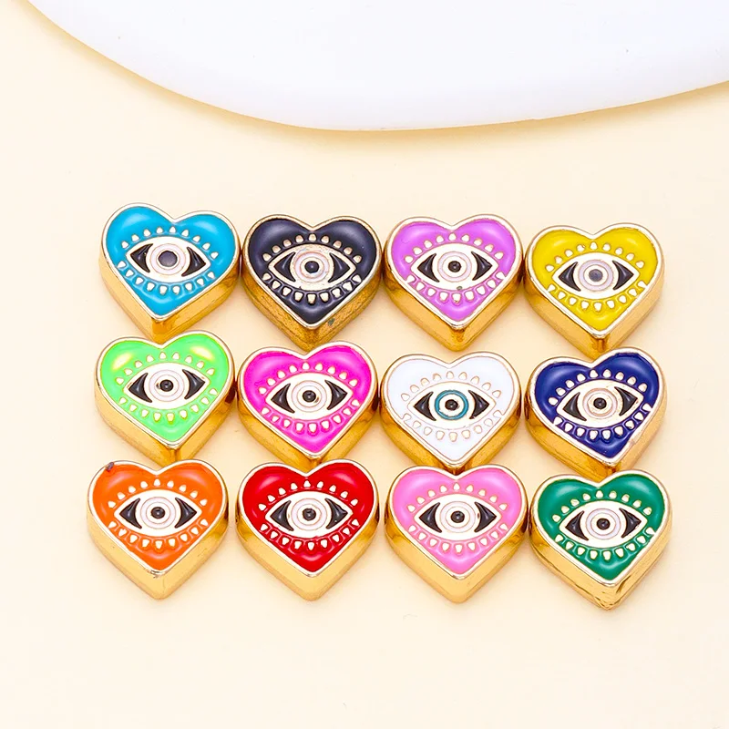 6Pcs 12mm Multicolor Enamel Love Heart Spacer Charms for Jewelry Making Turkish Evil Eye Beads Necklace Bracelet DIY Accessories