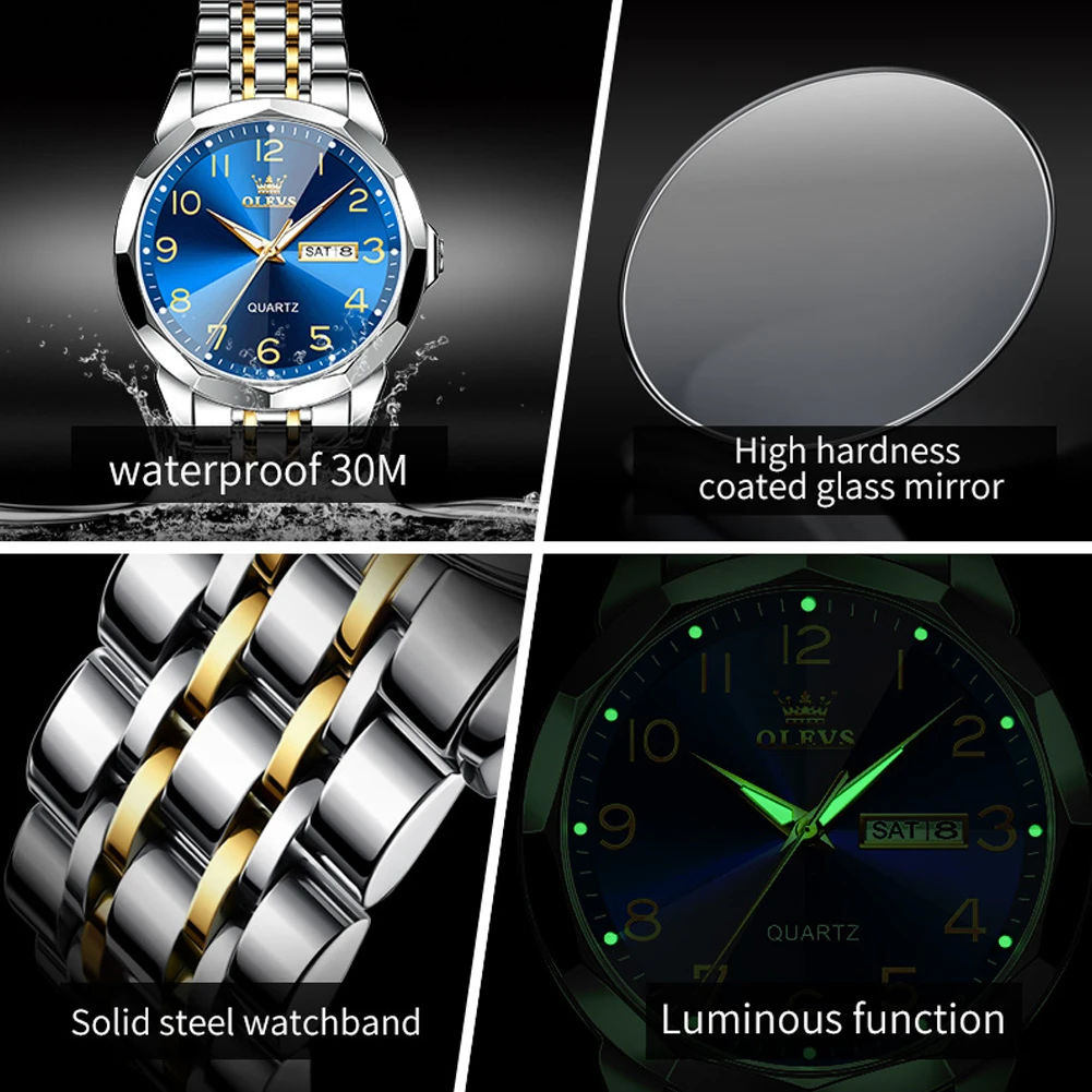 Деловые кварцевые часы OLEVS 9970 с Круглым Циферблатом из нержавеющей стали, ремешок для часов, отображение недели, календарь