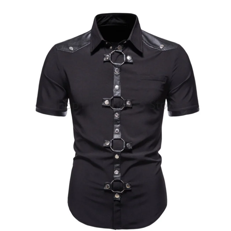 

Black Red Short Sleeve Shirt Men Gothic Style Streetwear Shirt Man Slim Punk Rivet Man Shirts High Quality