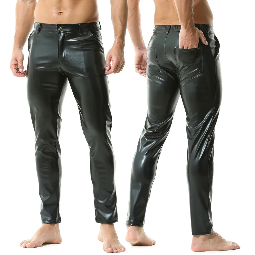 Mens Casual Zipper Faux Leather Pants Men Streetwear Nightclub Straight Trousers With Pockets Male Motorcycle Stage Short Pants