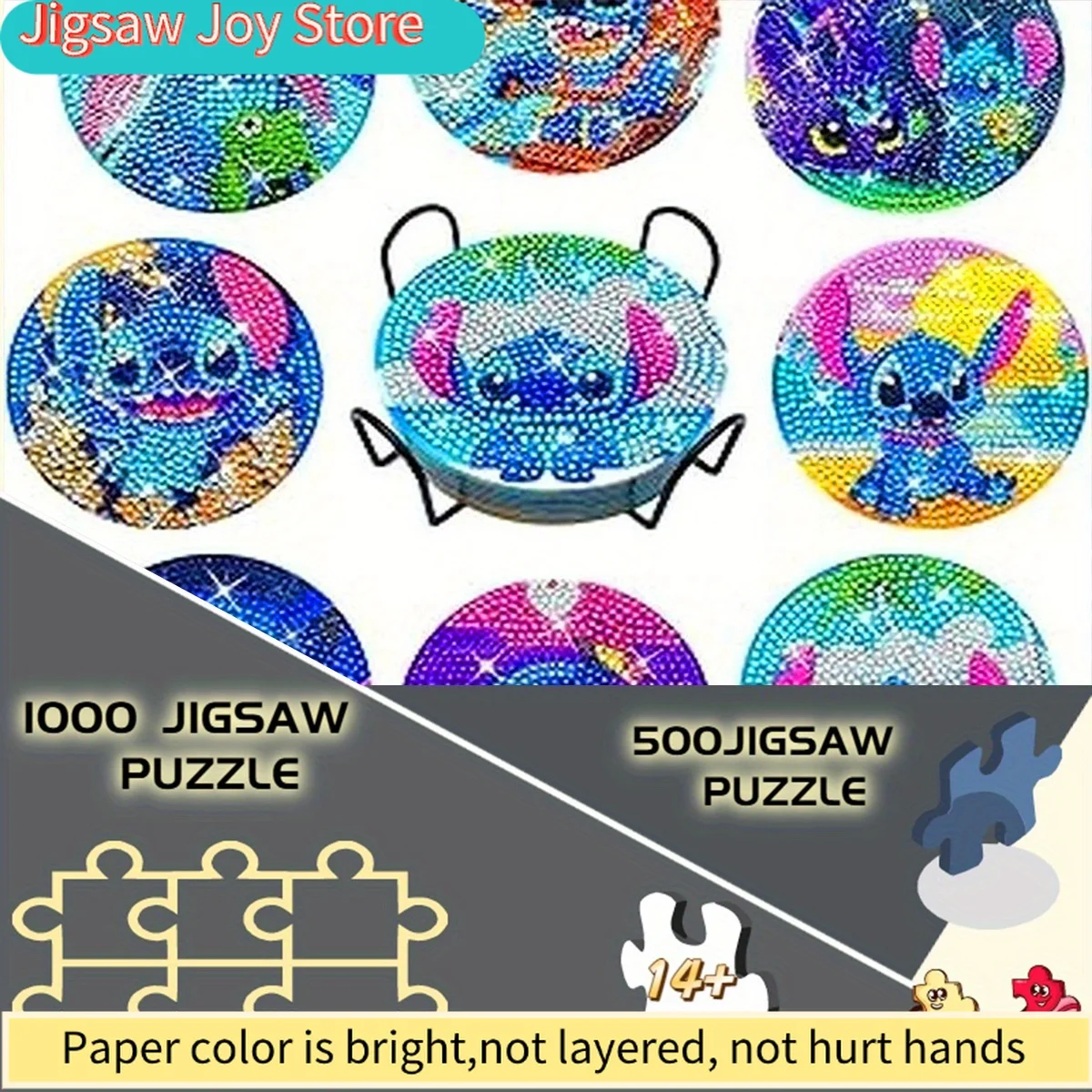 

Пазл 500/Disney, пазл-конструктор, из утолщенного белого картона, пазл для взрослых, с алмазной вышивкой в стиле Стич, подставка для стаканов S