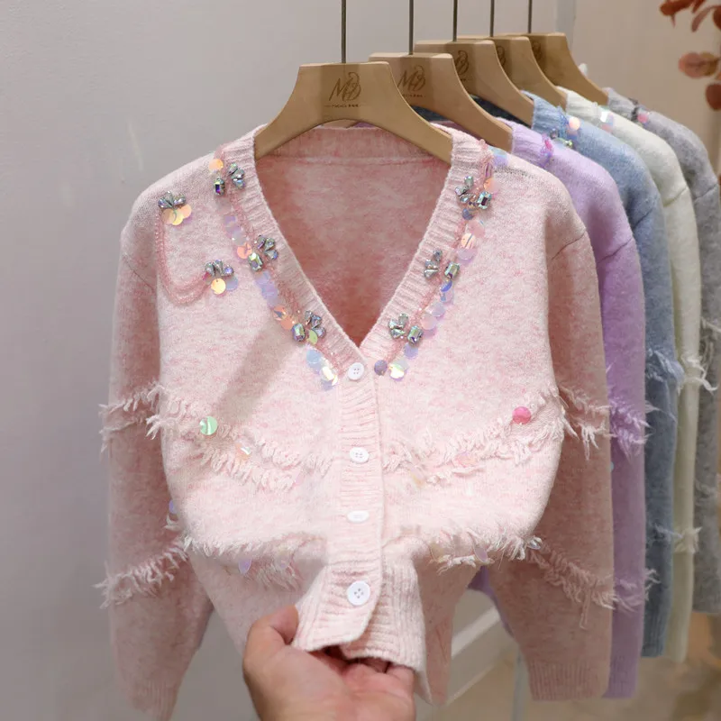 

Розовый свитер с кисточками и пайетками для женщин, весна и осень, мягкий и милый вязаный кардиган для женщин