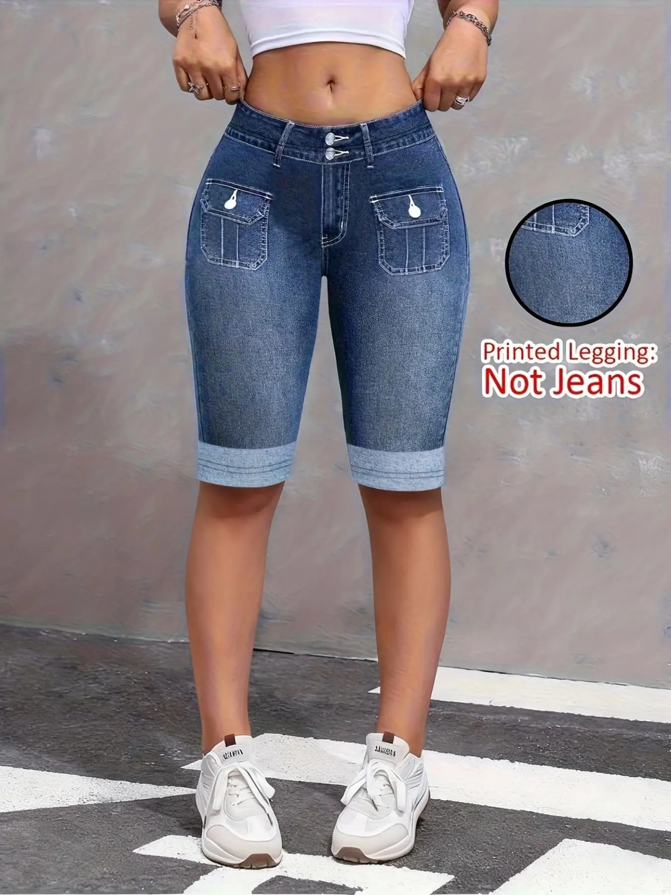 

Women's Faux Denim Print Capri Leggings, Non-Denim Soft Skinny Yoga Pants