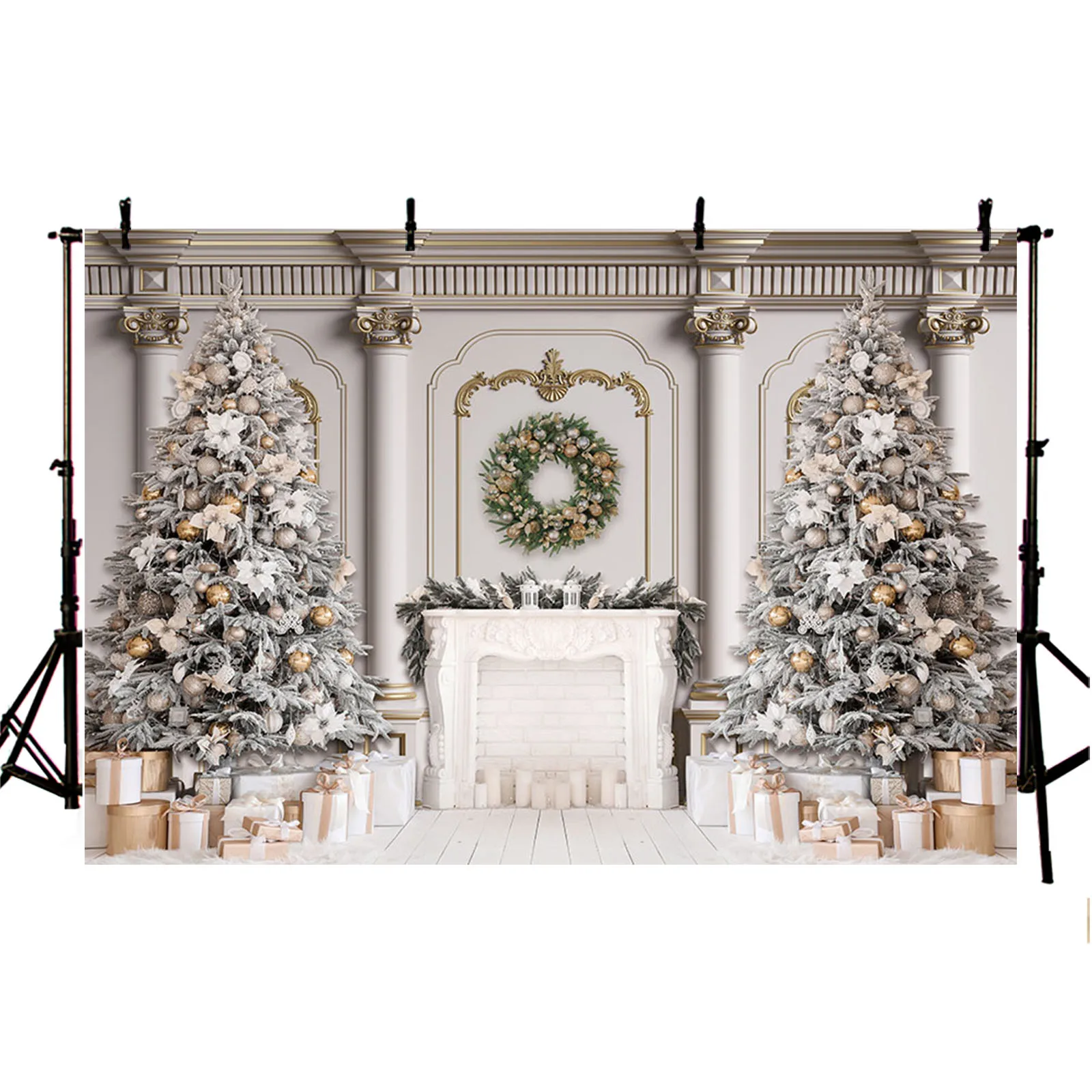 Christmas Photography Backdrop Xmas Trees Classic Palace Indoor White Fireplace Gifts Party Decor Family Portrait Background