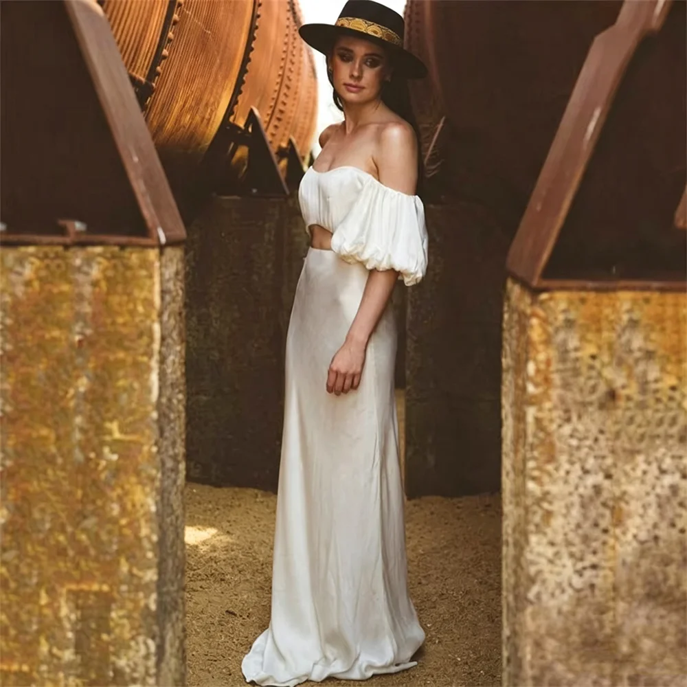 Two Piece Satin Wedding Dress Off Shoulder Puff Sleeve Crop Top Mermaid Long Boho Bridal Gown Elopement Engagement Bride Dress