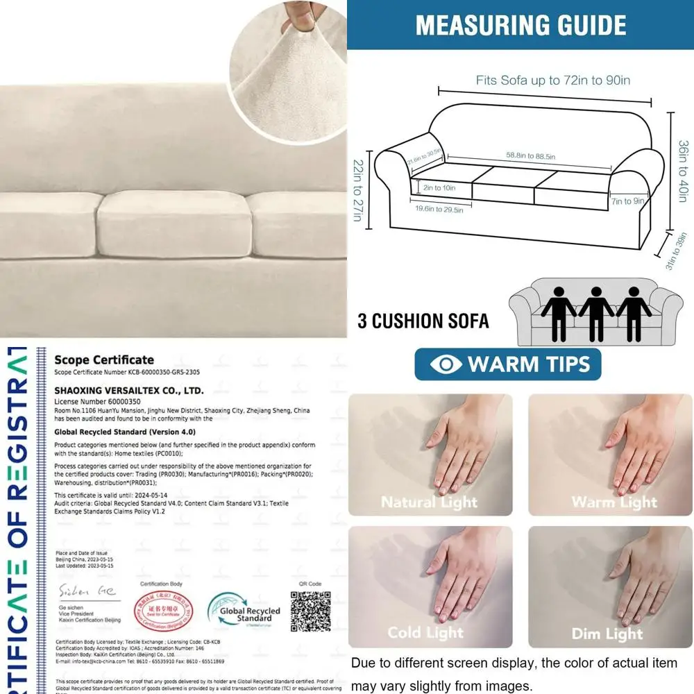 

High Stretch 4-Piece Velvet Sofa Slipcover for 3-Cushion Couch, Ivory, Machine Washable, Fits Sofas up to 90 Wide