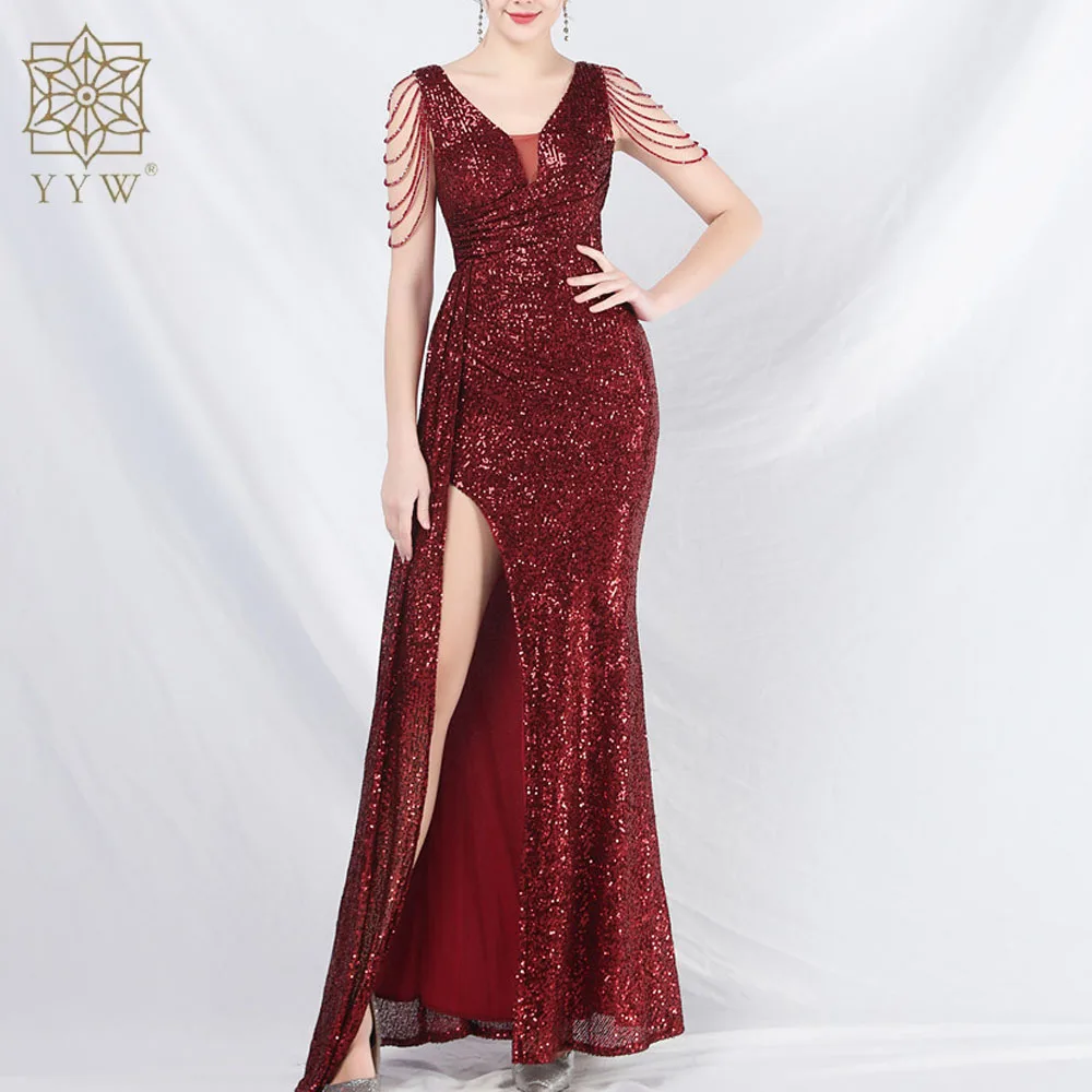 Elegant V Neck Mermaid Evening Dress Long Luxury Beads Women Evening Party Dresses 2024 New Formal Dress Sequin Slim Side Slit