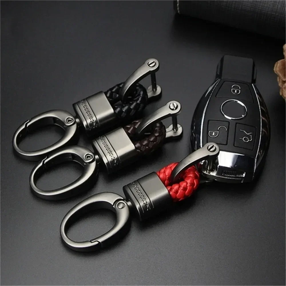 

Horseshoe Buckle Keychain Metal Big Head with Pattern Woven Leather Rope Keyring Accessories Car Bag Pendant Ornaments Gift