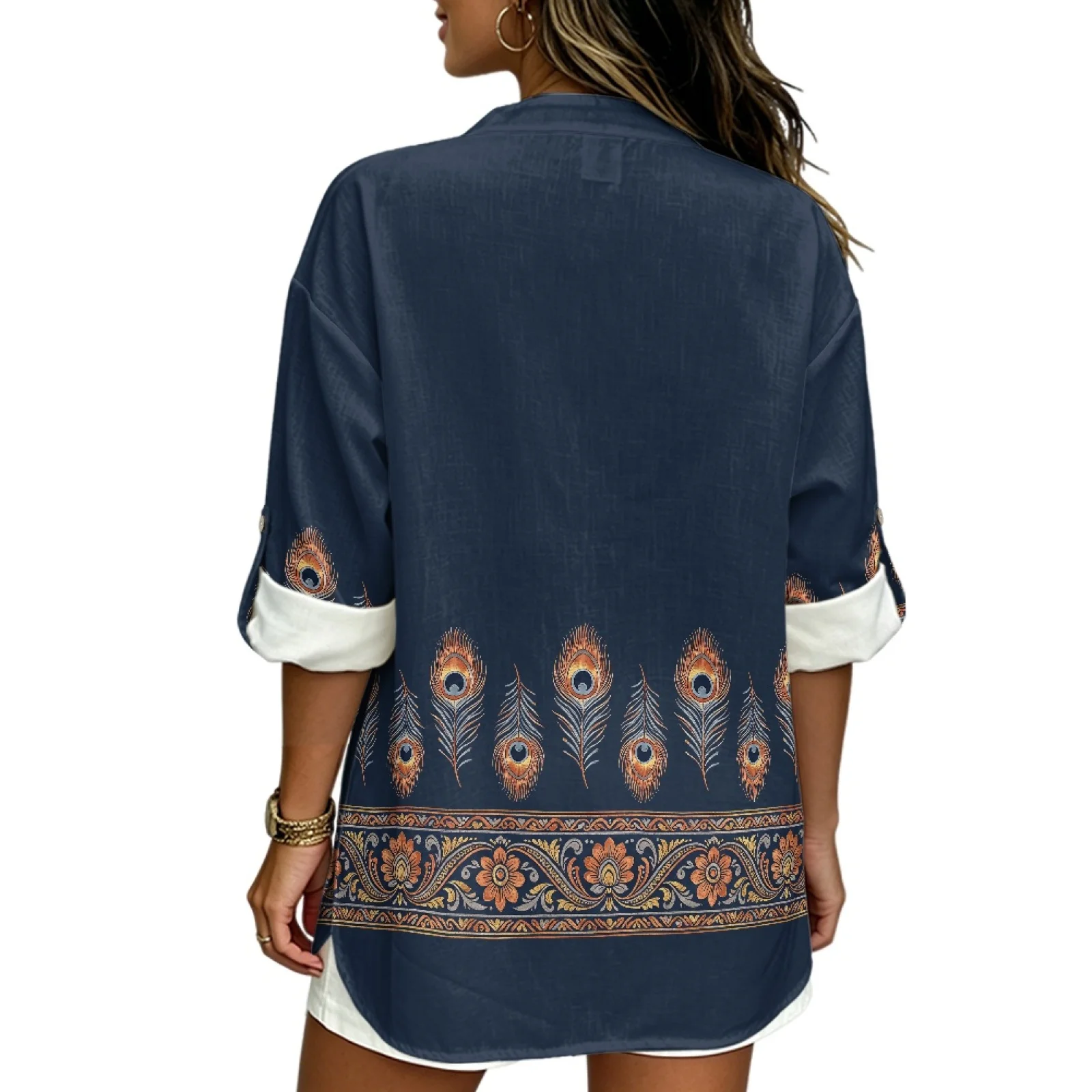 PENSTROLL Peacock Feather Linen Style Blouse Top Tunic Blouse for Women Roll Up Design Women's Long Sleeve Blouses