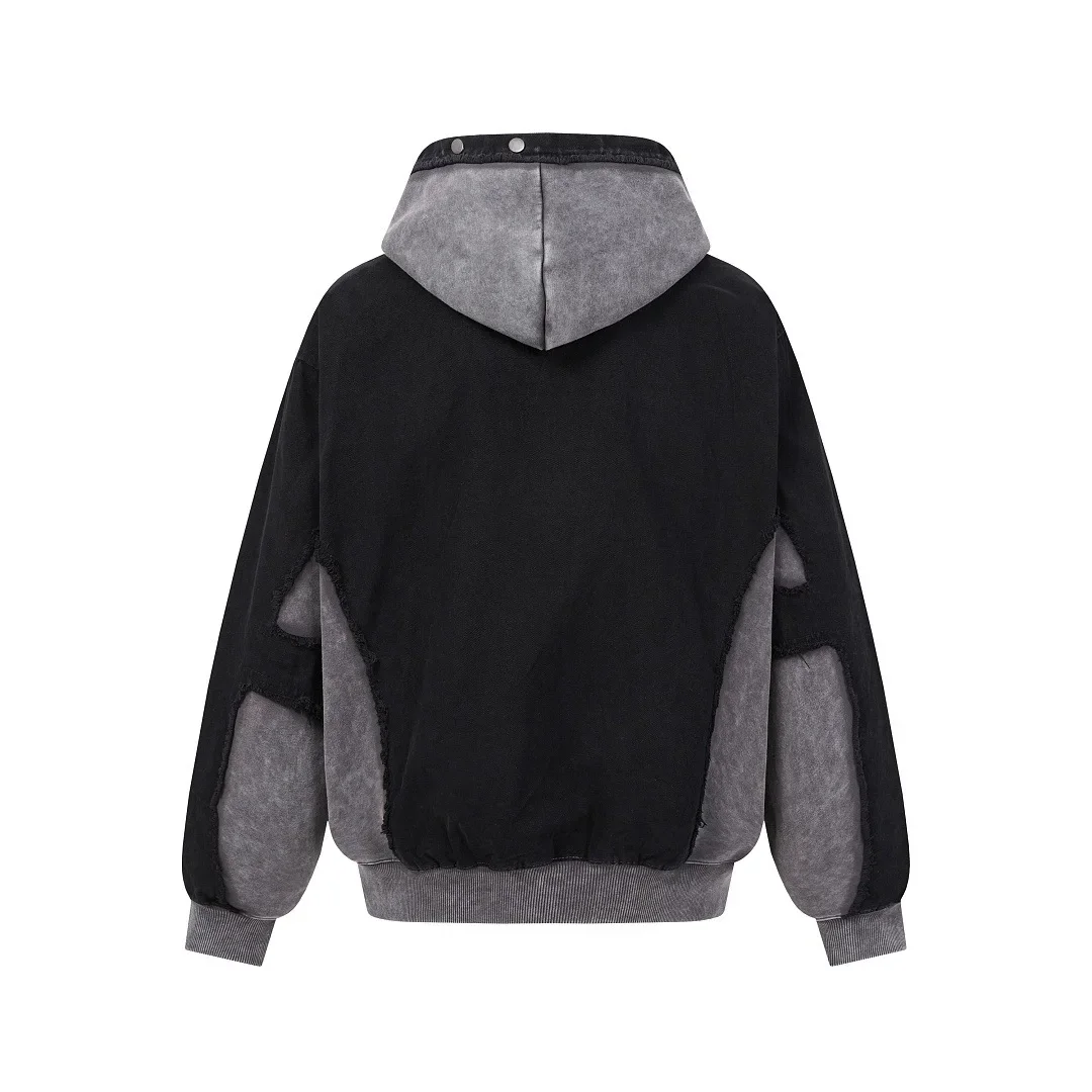 2026 Autumn New Vintage Color Block Hoodie Casual Washed Distressed Streetwear Sweatshirts Oversized Couple Pullover Tops