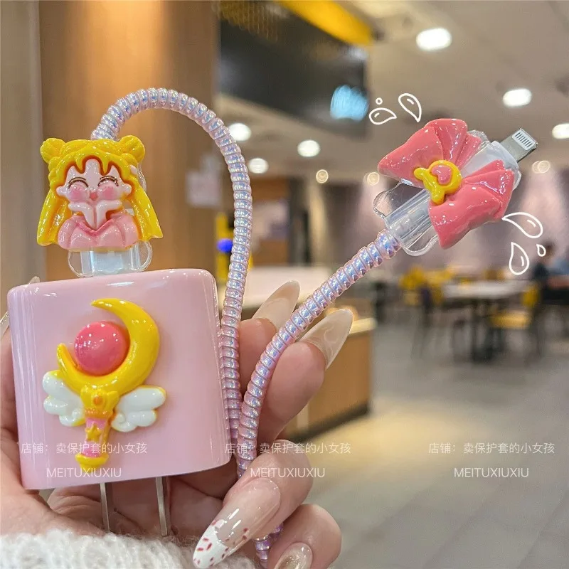 New Sailor Moon Cartoon Mobile Phone Data Cable Charger Protective Case Anti-Tangling Rope Anti-Break Soft Shell Decoration