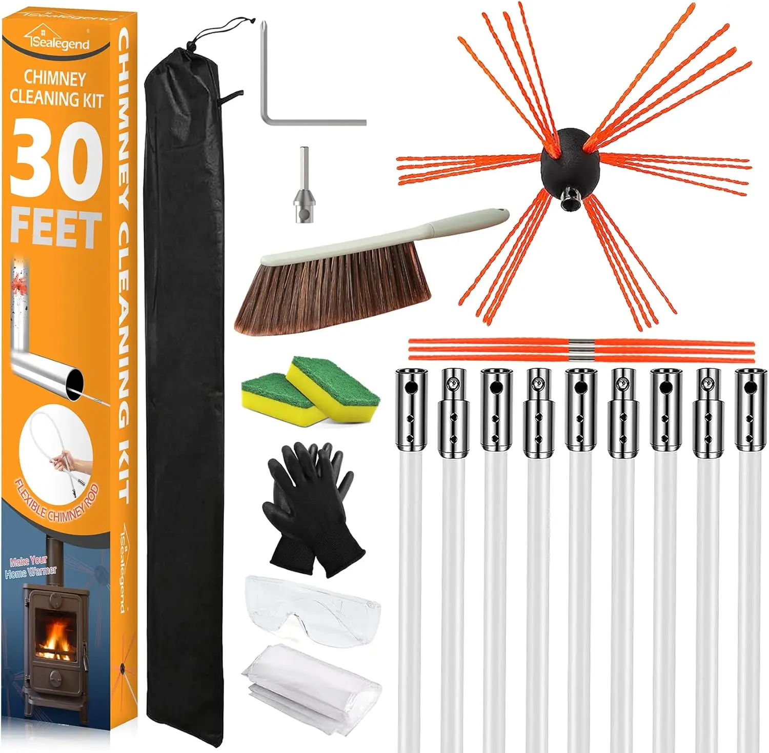 

30 Feet Chimney Sweep Kit with Flexible Brush and Nylon Rods for Fireplace Cleaning
