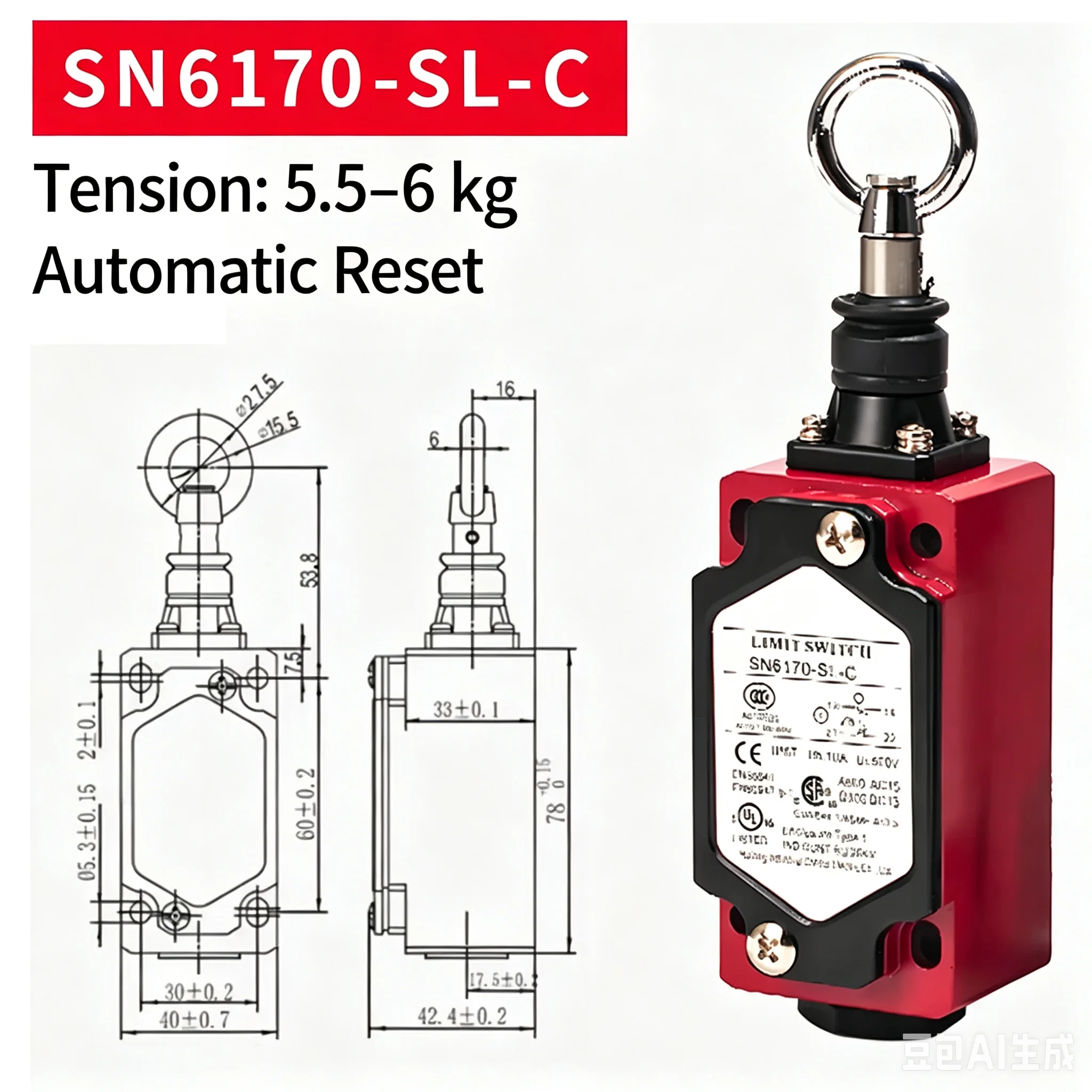 Safety Emergency Stop Cable Limit Switch SN4170 SN6170 2170-SL-C-R Manual Rope Pull Switch Conveyor Belt Safety Pull Cord Switch