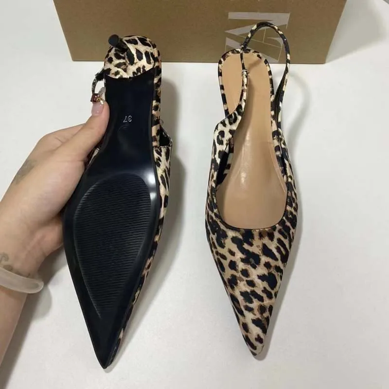 PSEEWE Leopard Print Women Pumps 2024 Summer Cat heels Sandals Woman Retro Pointed Slingback High Heels Elegant Heeled Shoes